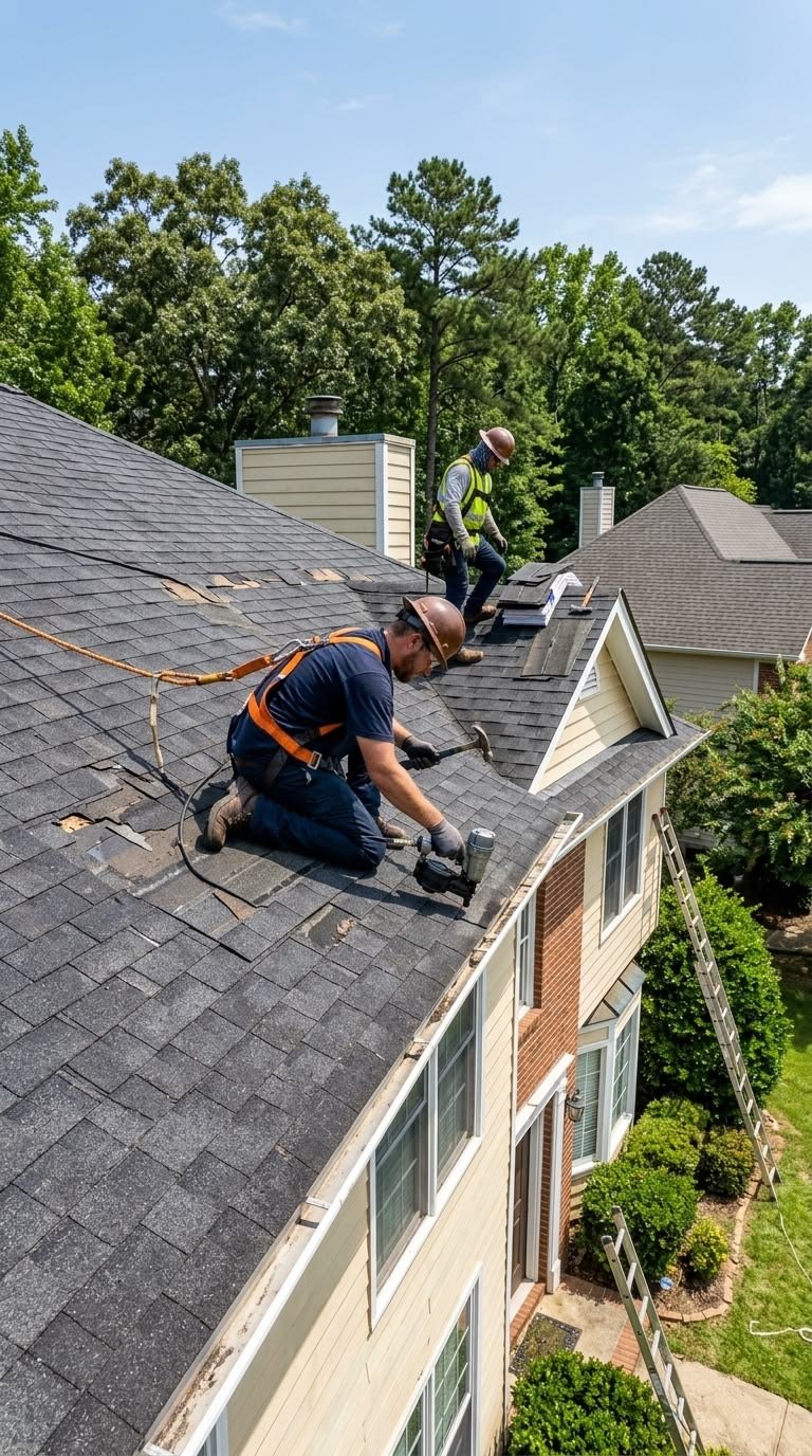 Trophy Exteriors roofer installing shingles